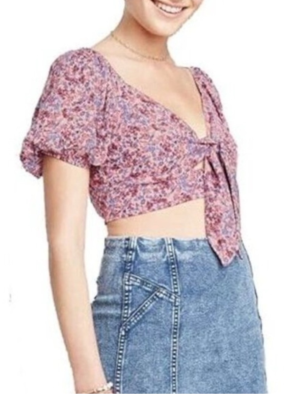 wild fable Pink & Lavender Floral Tie-Front Puff Sleeve Crop Top